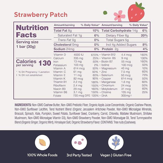 Tend Daily Best Prenatal Vitamin Bar, Made with Organic Ingredients for Pregnant & Postpartum Mothers, Includes DHA, Vitamin D, B, Choline, Folate, Sunflower Lecithin, Strawberry Patch Flavor (7ct)