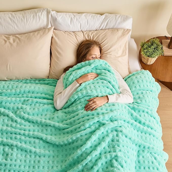 NEWCOSPLAY Super Soft Queen Blanket Aqua Premium Silky Flannel Fleece 3D Waffle Checkered Lightweight Bed Blanket All Season Use (Aqua, Queen(90"x90"))