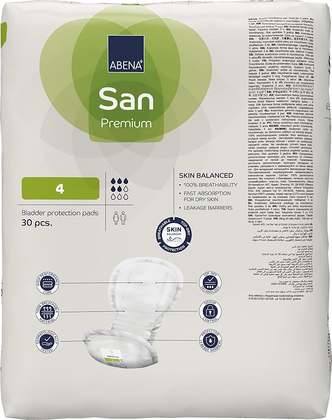 Abena San Premium Incontinence Pads, Moderate Absorbency, (Sizes 4 to 7), Size 4, 180 Count