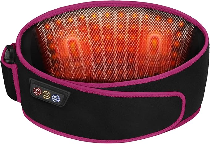 SHINE WELL Back Massager Belt for Pain Relief, Red Light Therapy Massage Belt with 3 Heat Levels and Vibrating, Lower Back Massager FSA Eligible,Battery Powered