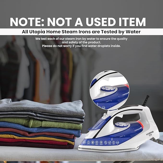 Utopia Home Steam Iron for Clothes - Non-Stick Soleplate - 1800W Clothes Iron With Auto-Off Safety Feature - Adjustable Thermostat Control, Variable Steam Control, Self-Clean, 8 Feet Cord (White/Blue)