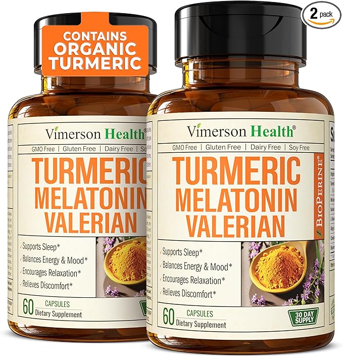 Turmeric Supplement - Turmeric Curcumin with Black Pepper, Melatonin 3mg & Valerian. Natural Sleep Aid for Adults with L-Theanine, Ginger, Valerian Root Capsules. Aids Relaxation and Mood. 2 Pack