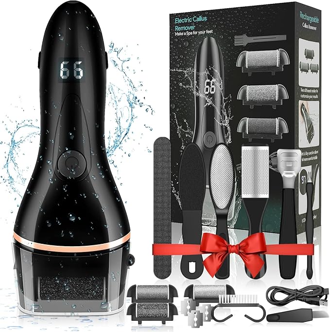 AdamPark Electric Foot File Callus Remover for Feet, Rechargeable Pedicure Kit Foot Care with 3 Speed, Callus Remover Kit with 3 Roller Heads, Battery LCD Display for Remove Cracked Heels Calluses
