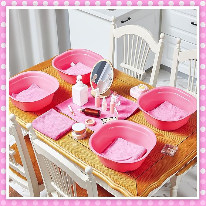 Patelai 6 Sets Kids Foot Spa Kit for Girl 12 x 12 x 4.3 Inch Foot Soaking Tub 14 x 30 Inch Hand Towels Washbasin Towels for Spa Party Sleepover Party Supplies(Rose Red)