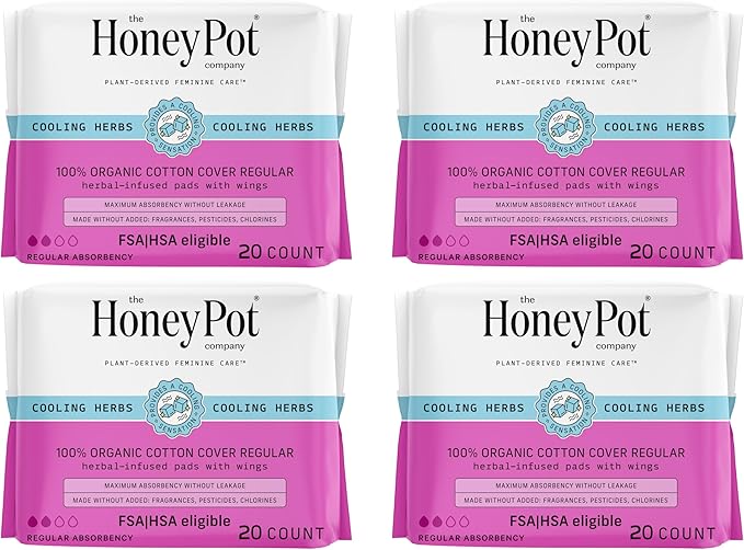 The Honey Pot Company - 80ct - Herbal Sanitary Pads for Women - Regular Flow w/Wings - Infused w/Essential Oils for Cooling Effect & Organic Cotton Cover - Feminine Care - FSA & HSA