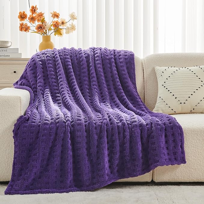 NEWCOSPLAY Super Soft Queen Blanket Purple Premium Silky Flannel Fleece 3D Waffle Checkered Lightweight Bed Blanket All Season Use (Dark Purple, Queen(90"x90"))