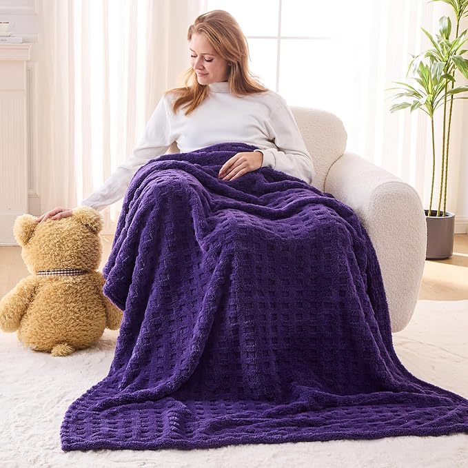NEWCOSPLAY Super Soft Twin Blanket Purple Premium Silky Flannel Fleece 3D Waffle Checkered Lightweight Bed Blanket All Season Use (Dark Purple, Twin(60"x80"))