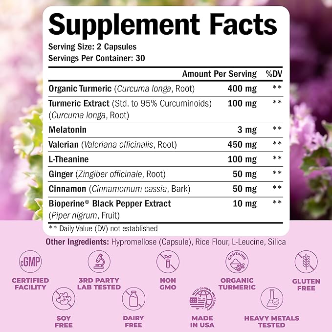 Turmeric Supplement - Turmeric Curcumin with Black Pepper, Melatonin 3mg & Valerian. Natural Sleep Aid for Adults with L-Theanine, Ginger, Valerian Root Capsules. Aids Relaxation and Mood. 2 Pack