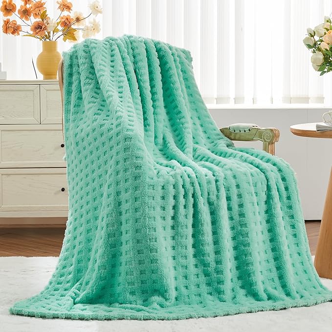 NEWCOSPLAY Super Soft Queen Blanket Aqua Premium Silky Flannel Fleece 3D Waffle Checkered Lightweight Bed Blanket All Season Use (Aqua, Queen(90"x90"))