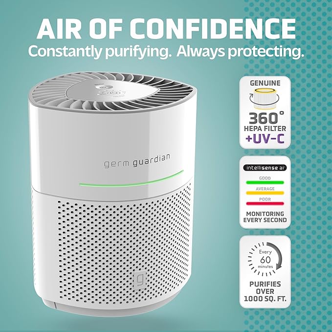 GermGuardian Airsafe+ Intelligent Air Purifier with UV-C Light, Air Quality Sensor, 360˚ HEPA Filter & LB1000 Genuine UV-C Replacement Bulb for GG1000, GG1000CA, GG1100, GG1100W, GG1100B