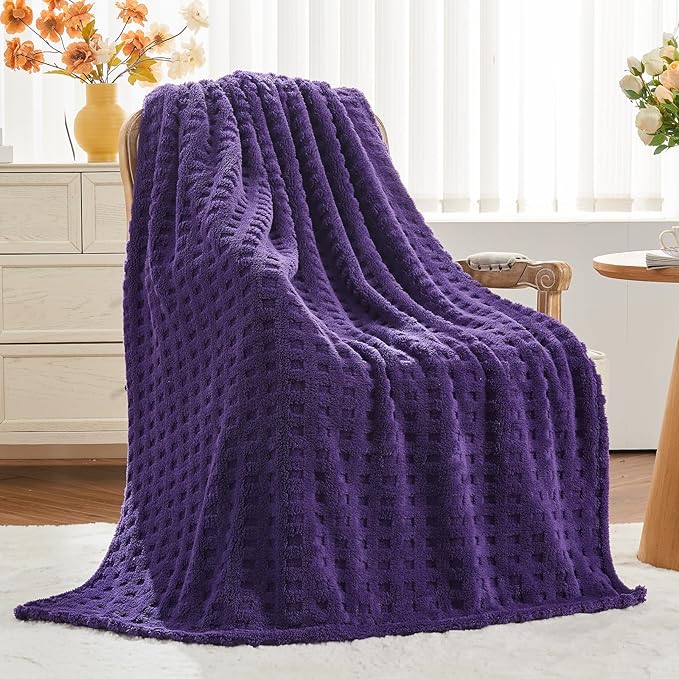 NEWCOSPLAY Super Soft Twin Blanket Purple Premium Silky Flannel Fleece 3D Waffle Checkered Lightweight Bed Blanket All Season Use (Dark Purple, Twin(60"x80"))