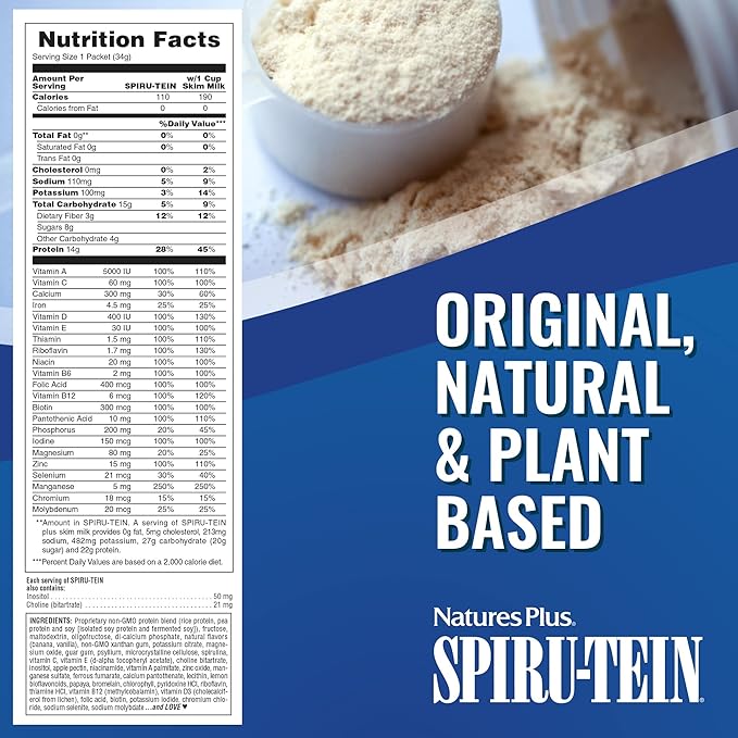 NaturesPlus SPIRU-TEIN, Banana - 8 Total Packets - Plant-Based Protein Shake - Non-GMO, Vegetarian, Gluten Free - 8 Total Servings