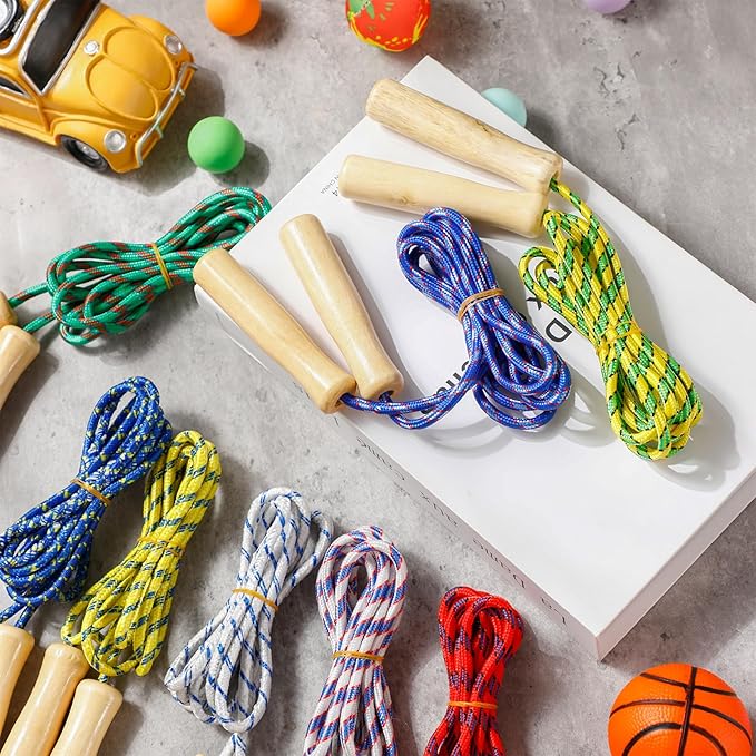 Lenwen 60 Pcs 7.25 ft Jump Rope for Kids Bulk Adjustable Cotton Beaded Skipping Rope with Wooden Handle for Children Women Men Indoor Outdoor Exercise Training Fun Activity School Supplies