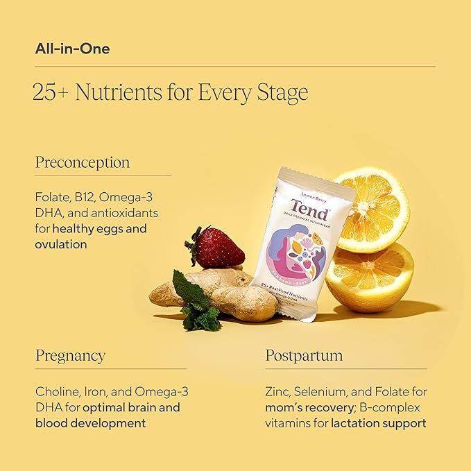 Tend Daily Best Prenatal Vitamin Bar, Made with Organic Ingredients for Pregnant & Postpartum Mothers, Includes DHA, Vitamin D, B, Choline, Folate, Sunflower Lecithin, Lemon Berry Flavor (7ct)