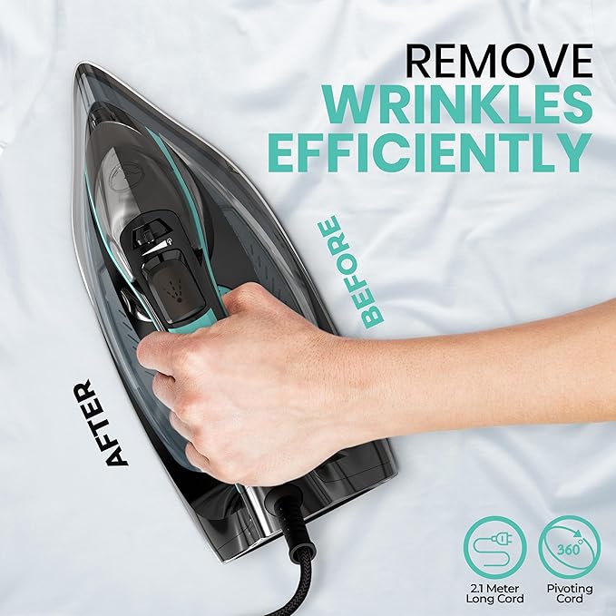 Utopia Home Steam Iron for Clothes - Non-Stick Soleplate - 1800W Clothes Iron With Auto-Off Safety Feature - Adjustable Thermostat Control, Variable Steam Control, Self-Clean, 8 Feet Cord (Black/Teal)