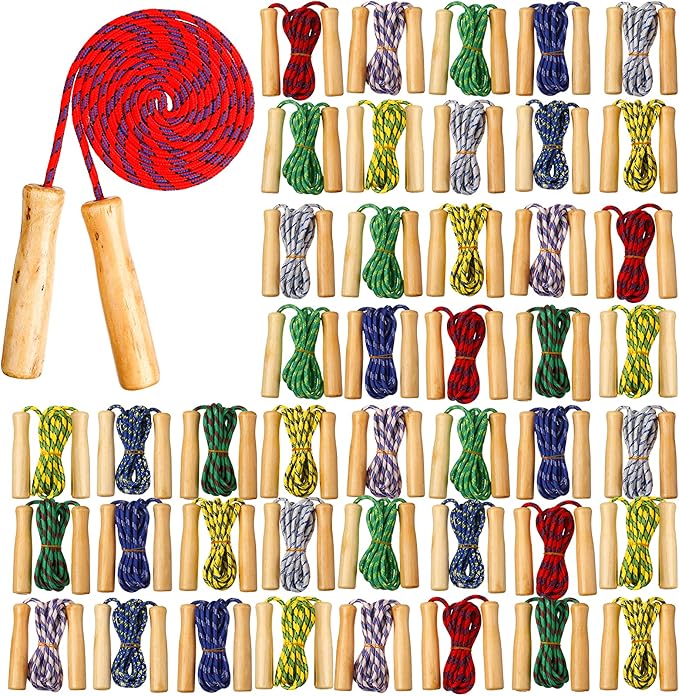 Lenwen 60 Pcs 7.25 ft Jump Rope for Kids Bulk Adjustable Cotton Beaded Skipping Rope with Wooden Handle for Children Women Men Indoor Outdoor Exercise Training Fun Activity School Supplies