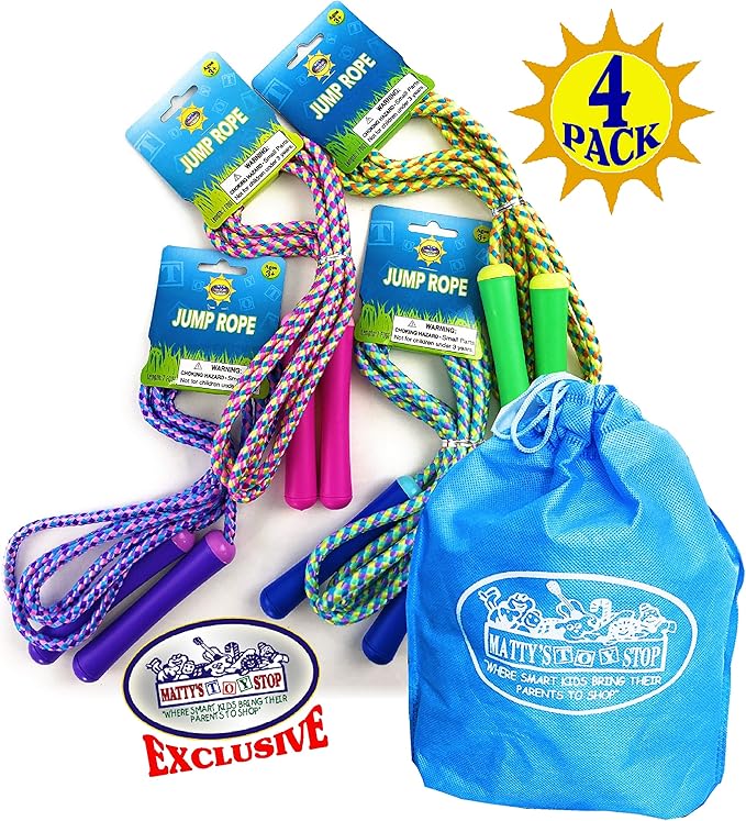 Deluxe Jump Ropes 7-Foot (7') Pink, Green, Purple & Blue Gift Set Party Bundle with Bonus Matty's Toy Stop Storage Bag - 4 Pack