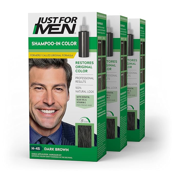 Just For Men Shampoo-In Color (Formerly Original Formula) & Shampoo-In Color (Formerly Original Formula), Mens Hair Color with Keratin and Vitamin E for Stronger Hair - Dark Brown, H-45, Pack of 3