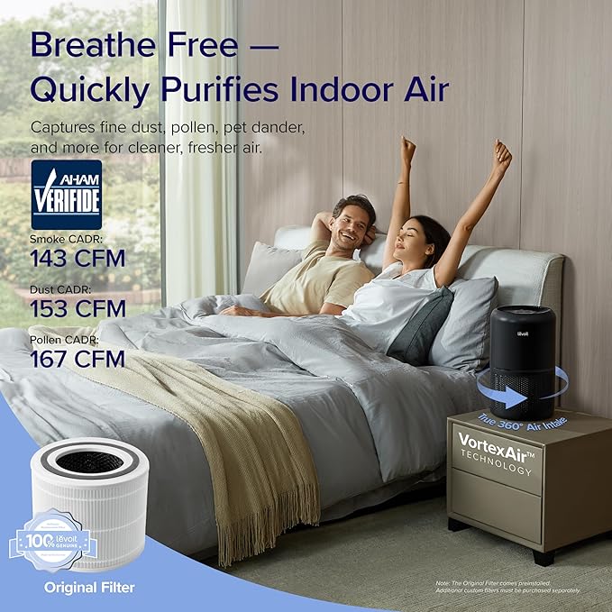 LEVOIT Air Purifier for Home Allergies Pets in Bedroom, Covers Up to 1074 ft² by 56W High Torque Motor, AHAM VERIFIDE, 3-in-1 Filter, HEPA Sleep Mode, Remove Dust Smoke Odor, Core300-P, Black, 2 Pack