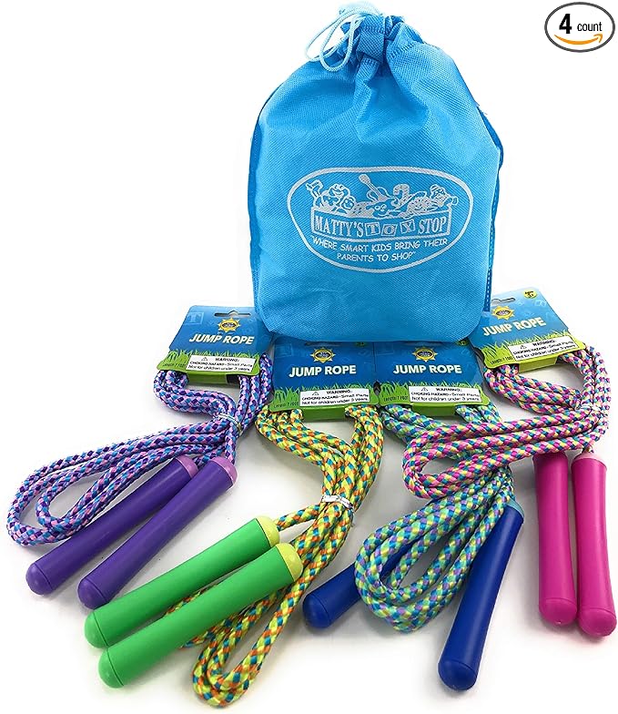 Deluxe Jump Ropes 7-Foot (7') Pink, Green, Purple & Blue Gift Set Party Bundle with Bonus Matty's Toy Stop Storage Bag - 4 Pack